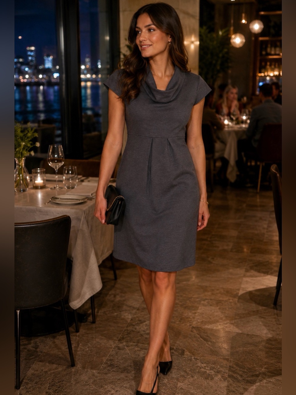Spense petite capped Sleeve Gray Cowl Neck Dress charcoal gray 8P